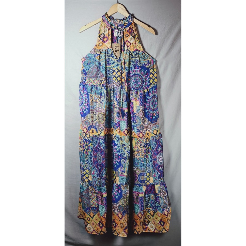 Rhea Womens OSFM Maxi‎ Dress Sleeveless Patchwork Mandala Boho silk blend
